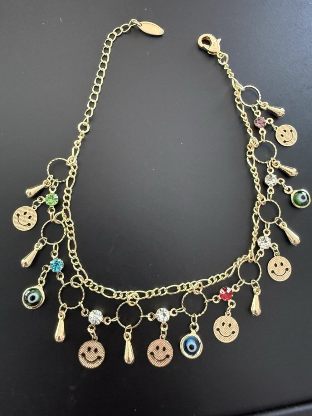 Gold Filled evil eye Smiley Ankle Bracelet 9.5 in dangle Double Strand Anklet